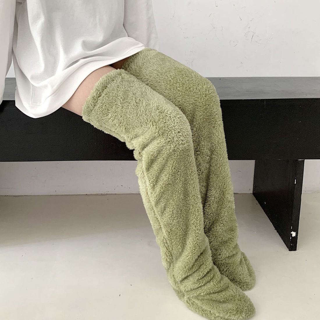 Avocado green over-the-knee fuzzy socks