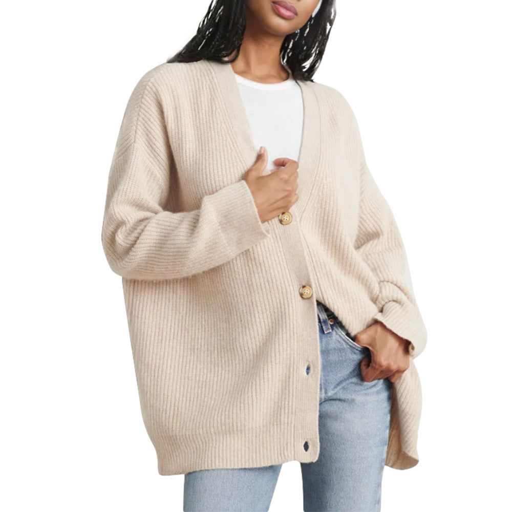 Apricot chunky knit V-neck cardigan worn open