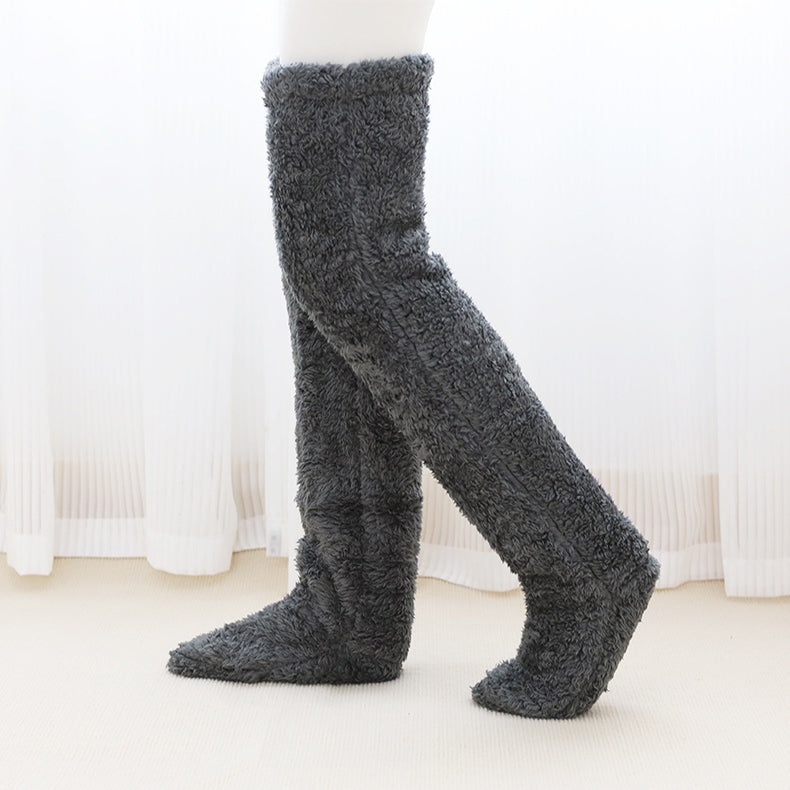 Dark gray over-the-knee fuzzy socks, standing