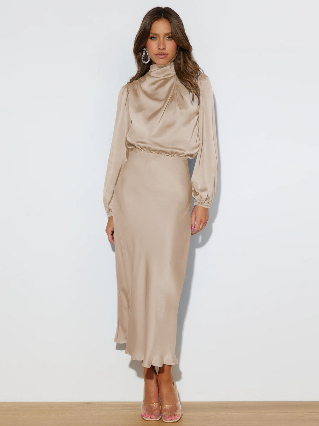 Apricot satin mock neck midi dress, front