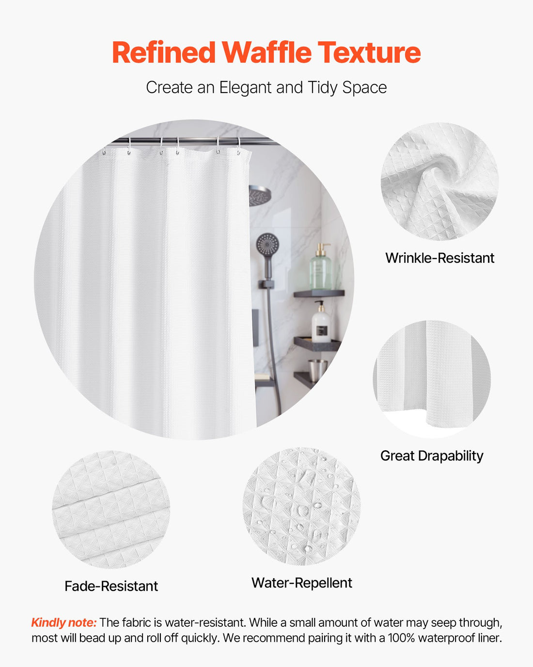 White waffle weave shower curtain, view 3