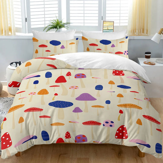 Mushroom print full duvet cover set on a bed