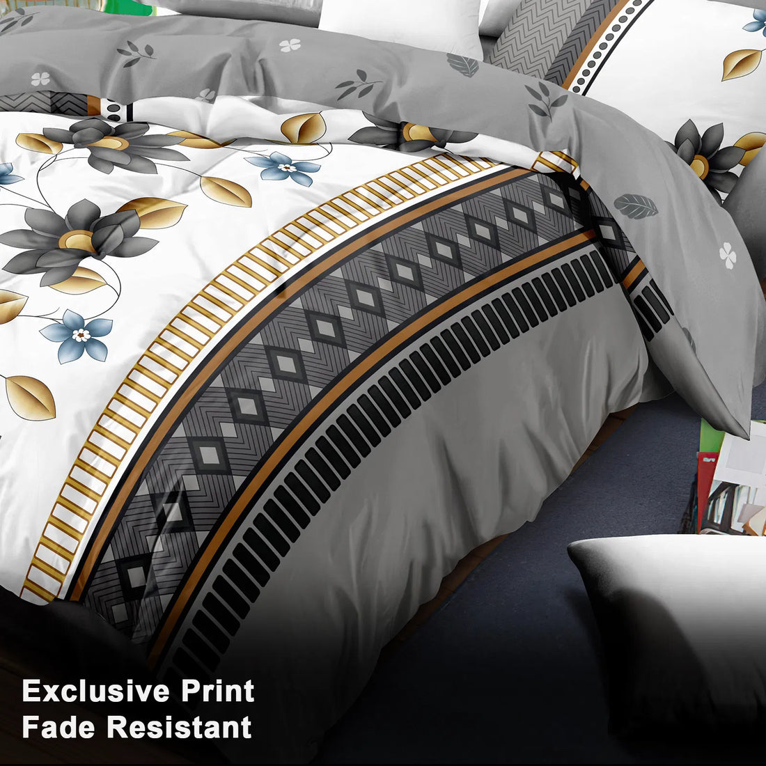 Grey and white floral duvet cover set, view 7