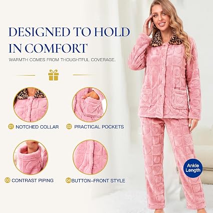 Women's fleece pajama set with leopard trim, view 8