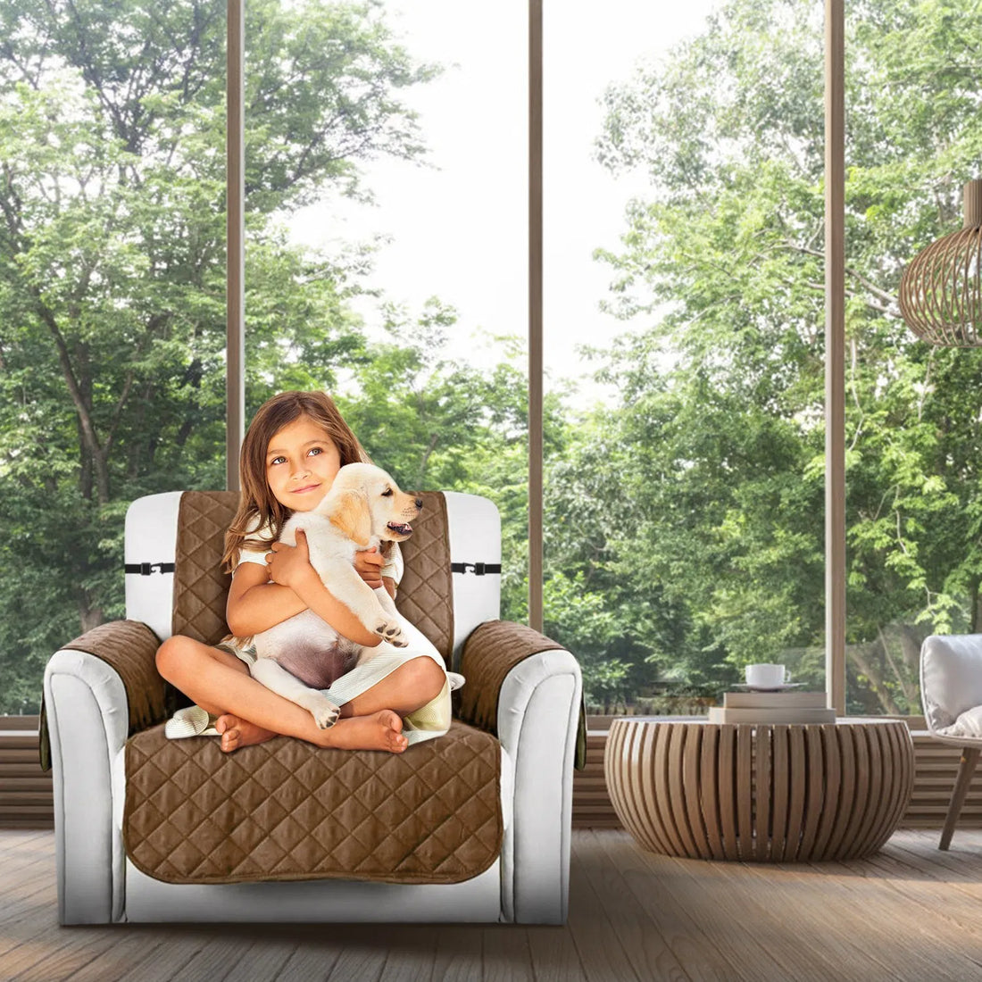 Reversible chocolate chair slipcover in use
