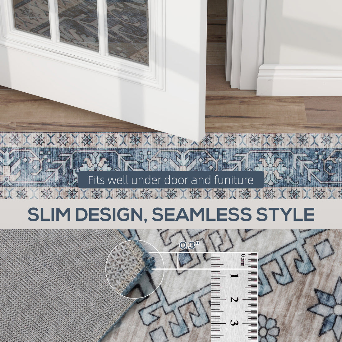 Blue vintage washable area rug, view 3