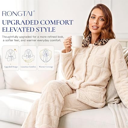 Women's fleece pajama set with leopard trim, view 11