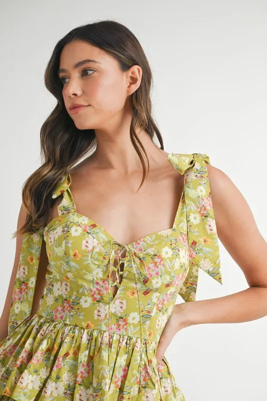 Floral Shoulder Tie Layered Mini Dress