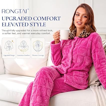 Women's fleece pajama set with leopard trim, view 9