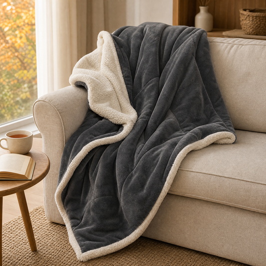 Dark grey sherpa throw blanket with cream reverse draped over a sofa in a bright living room