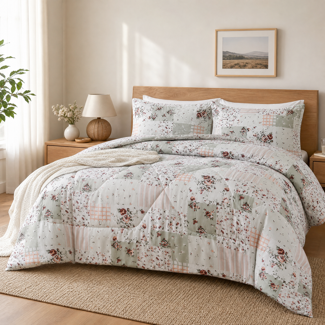 Floral patchwork queen comforter set with 2 pillow shams on a made bed in a bright bedroom