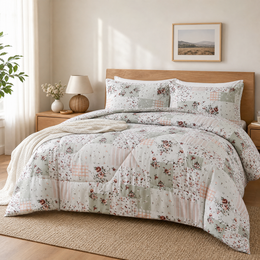 Floral patchwork queen comforter set with 2 pillow shams on a made bed in a bright bedroom