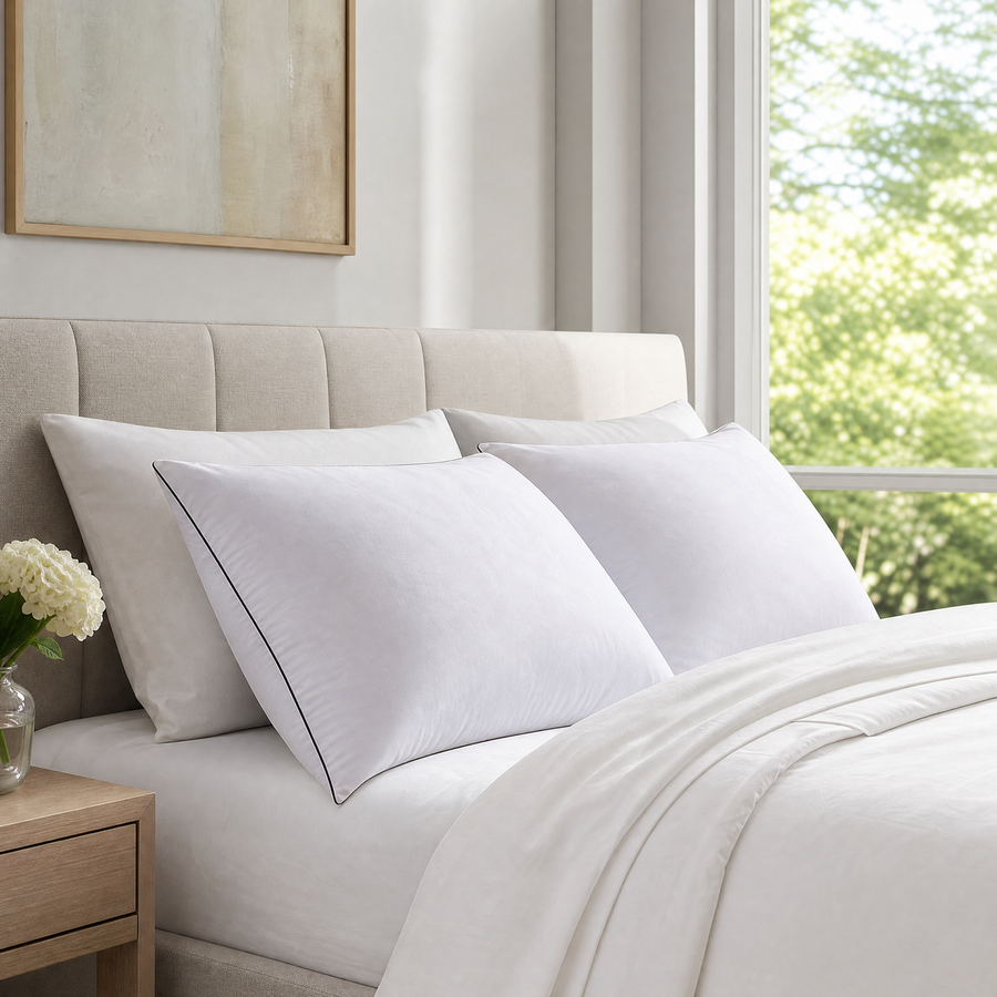 White hotel style down alternative bed pillows on a made bed in a bright bedroom
