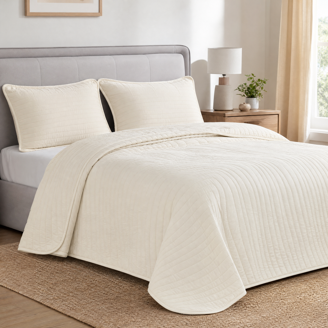Beige quilted queen quilt set with 2 pillow shams on a made bed in a bright bedroom