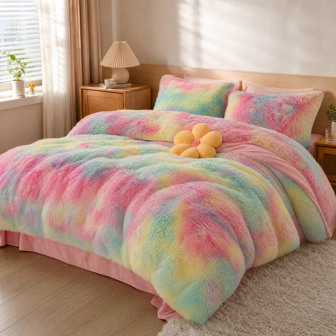 Fluffy multi-tone faux fur duvet cover set on a made bed in a bright bedroom