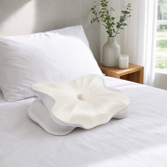 Contoured memory foam neck pillow on a made bed in a bright bedroom