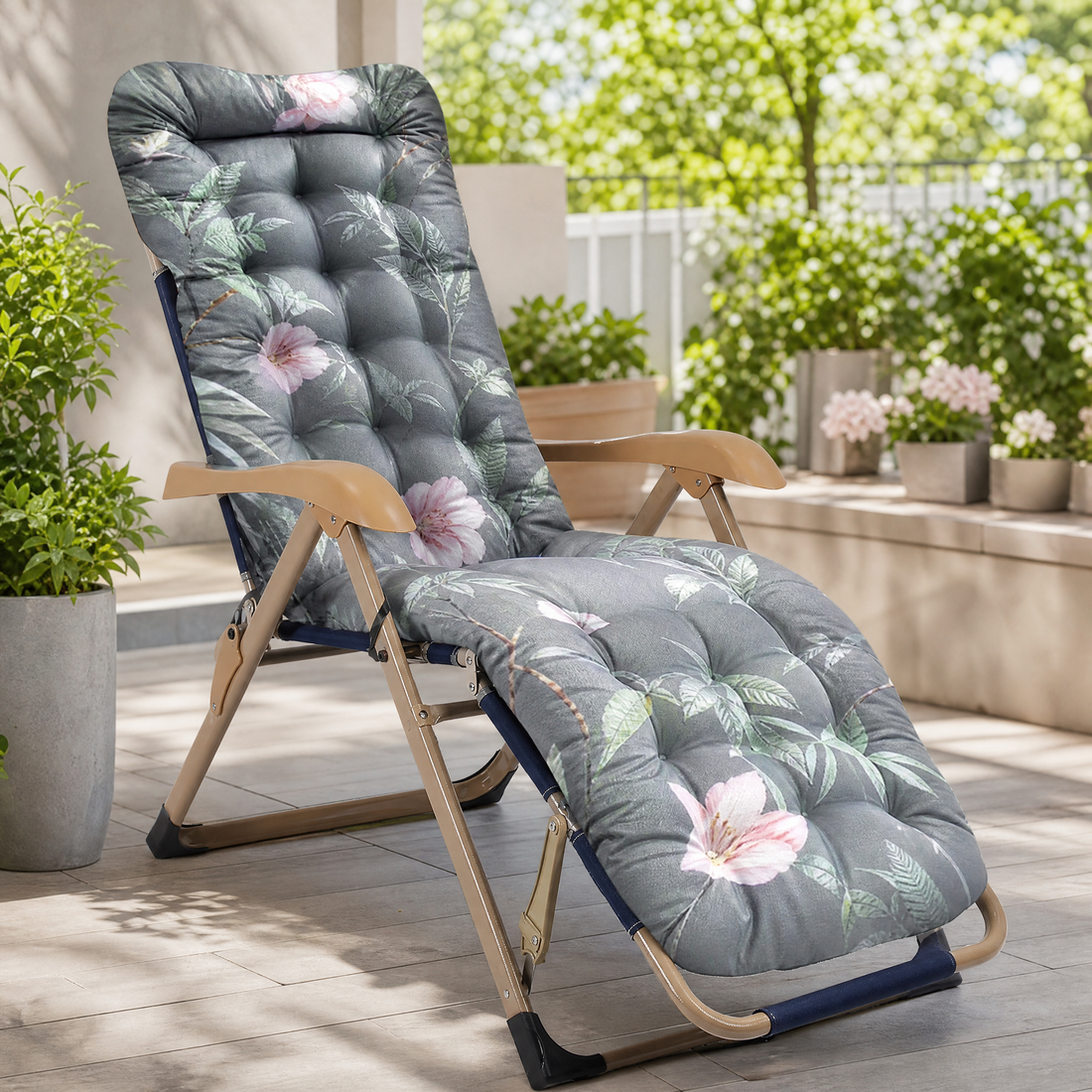 Thick padded chaise lounge cushion on a patio lounge chair