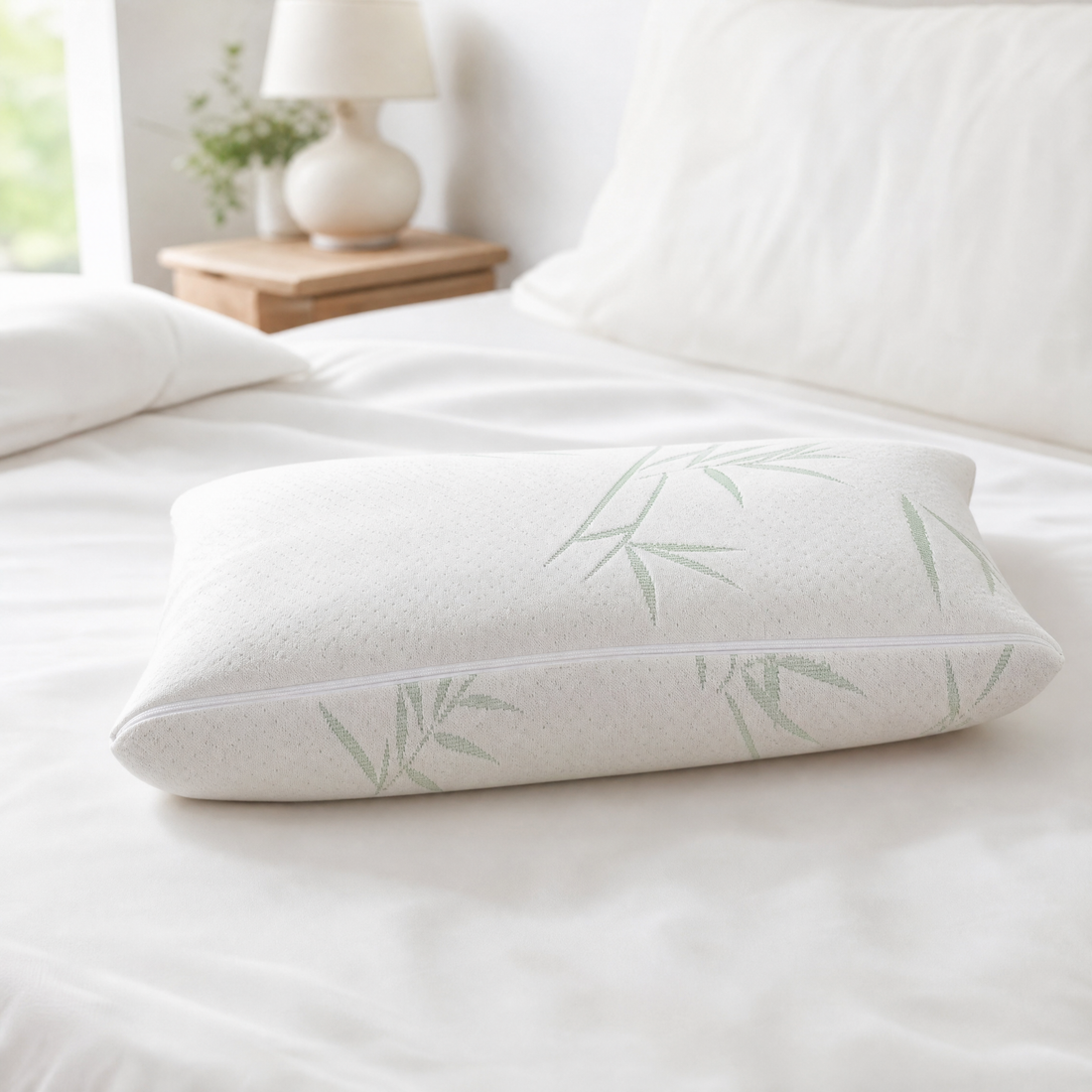 Shredded memory foam bed pillow in a bamboo cover on a made bed in a bright bedroom