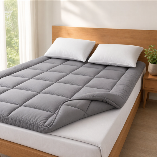 Gray quilted mattress topper pad on a bed in a bright bedroom