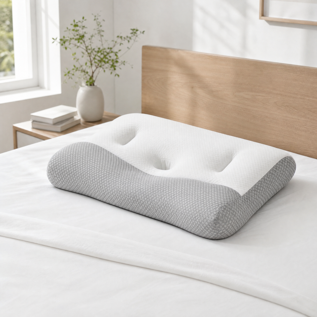 Contoured dual-height bed pillow with ear slot on a made bed in a bright bedroom