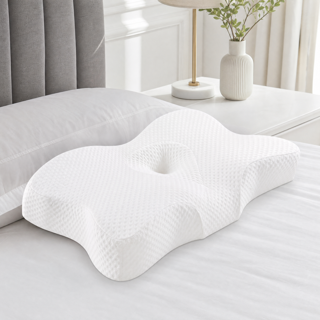 Ergonomic memory foam cervical neck pillow on a made bed in a bright bedroom