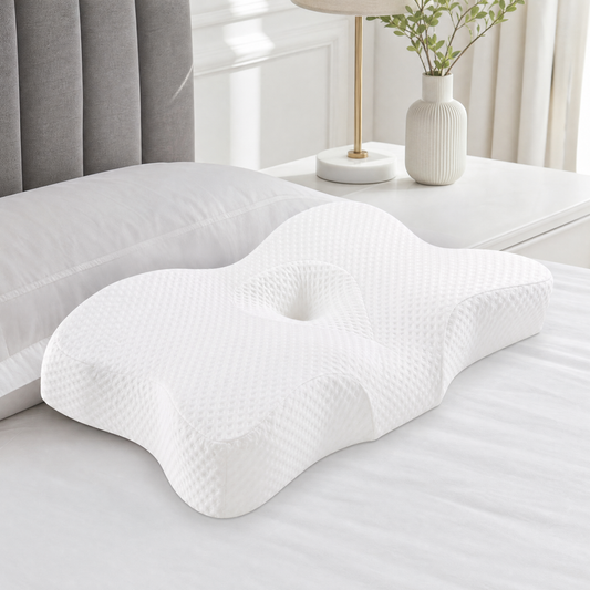 Ergonomic memory foam cervical neck pillow on a made bed in a bright bedroom