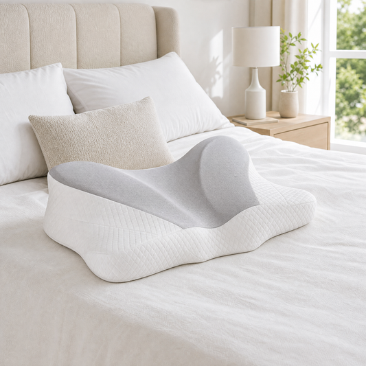 Contoured foam neck support pillow on a made bed in a bright bedroom