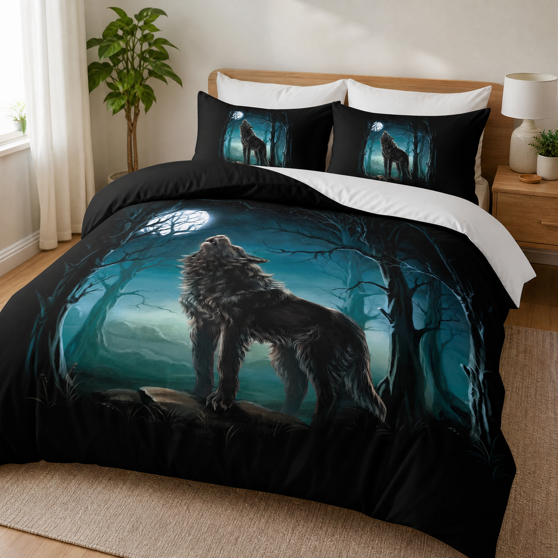 Watercolor forest wolf print duvet cover set on a made bed in a bright bedroom