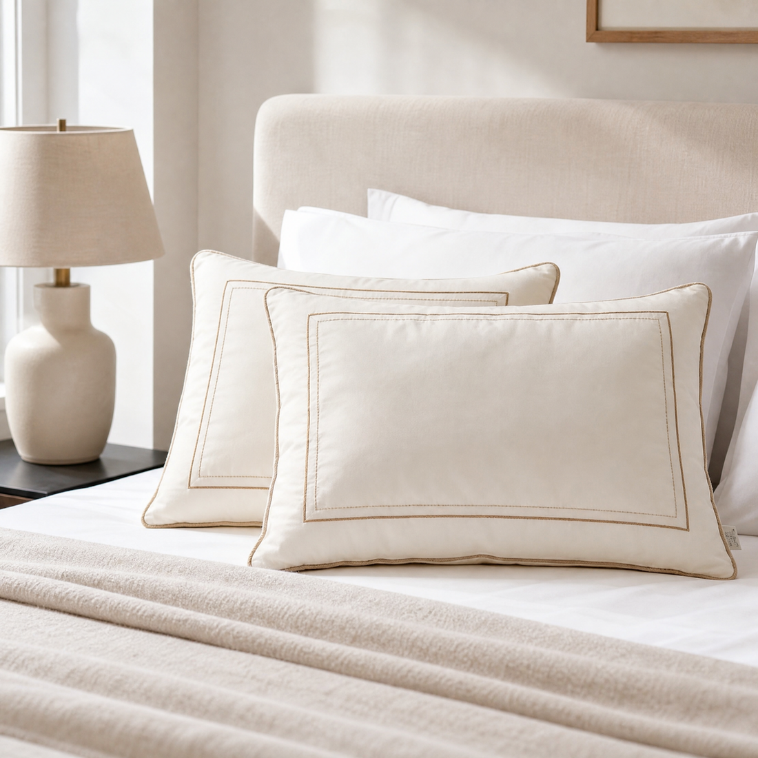 Pair of white all season bed pillows on a made bed in a bright bedroom