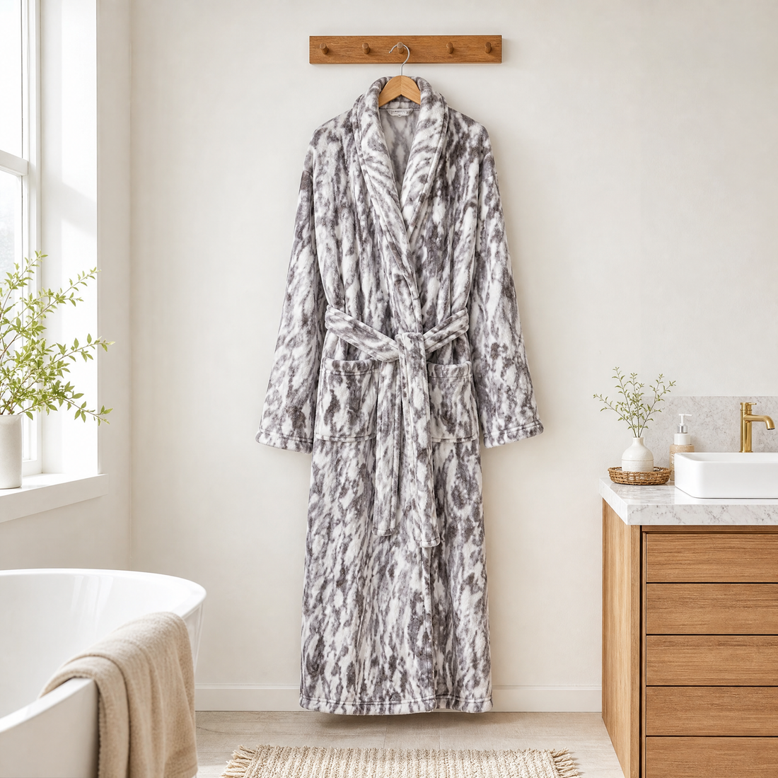 Heavyweight fleece bathrobe with shawl collar on a hanger in a bright bathroom