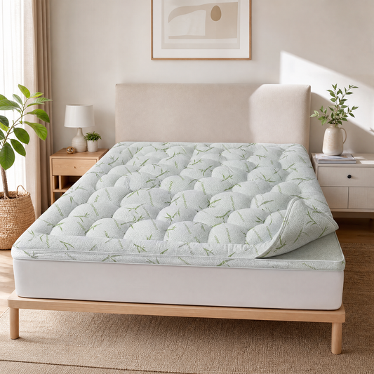 Thick white quilted bamboo pillow-top mattress topper on a made bed in a bright bedroom