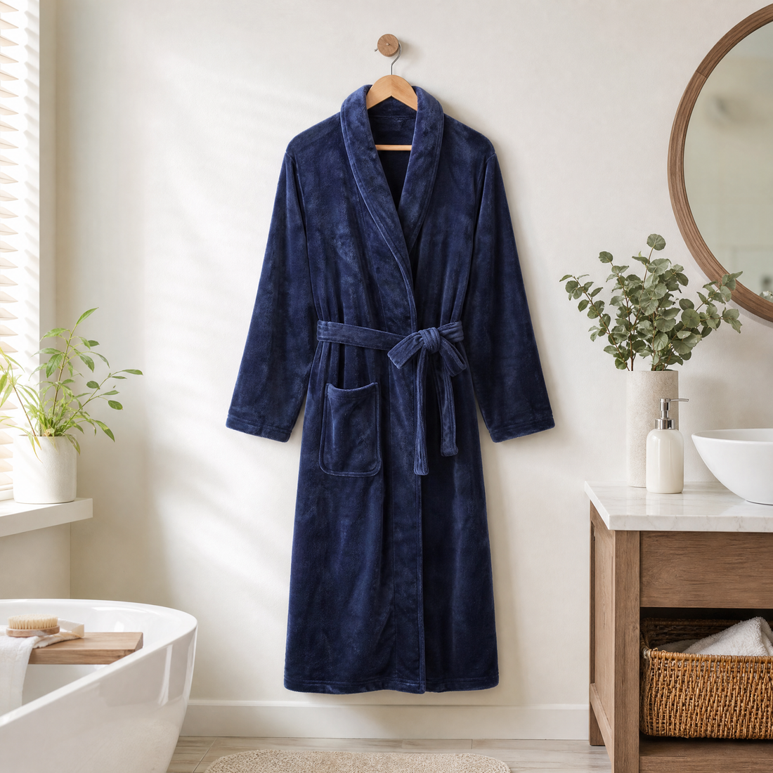 Long soft shawl collar bathrobe on a hanger in a bright bathroom
