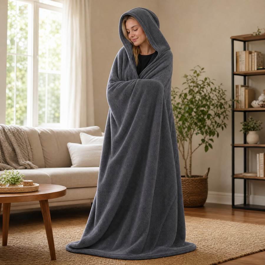 Grey hooded wearable blanket sleep pod worn by a model in a cozy living room