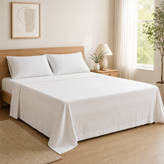 White brushed microfiber king sheet set on a made bed in a bright bedroom
