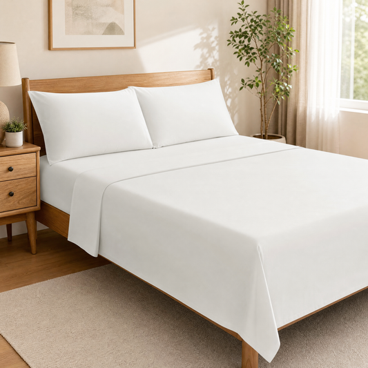 White brushed microfiber queen sheet set on a made bed in a bright bedroom
