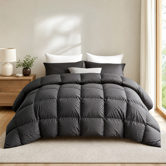 Quilted down alternative comforter on a made bed in a bright bedroom
