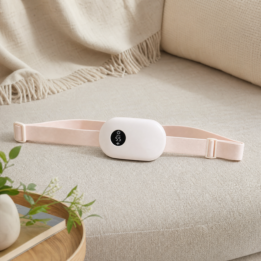 Cordless rechargeable heating pad with waist strap on a linen sofa