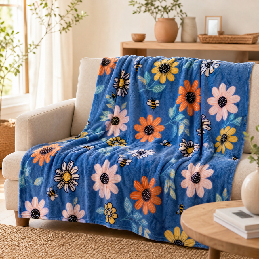 Soft fleece throw blanket draped over a sofa in a bright living room