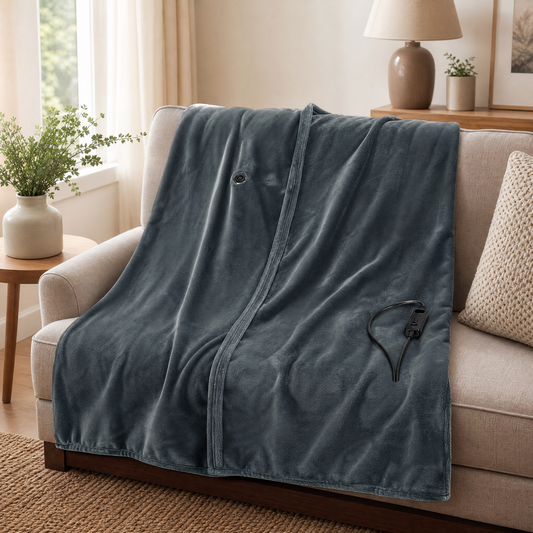 USB heated throw blanket draped over a sofa