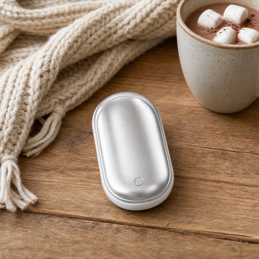 Rechargeable hand warmer power bank on a wooden table with a scarf and mug