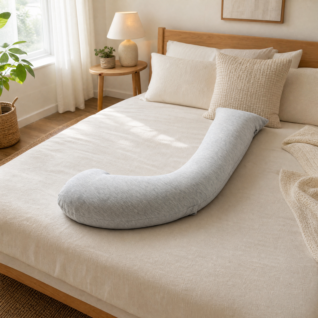 Full body pregnancy pillow on a made bed in a calm bedroom
