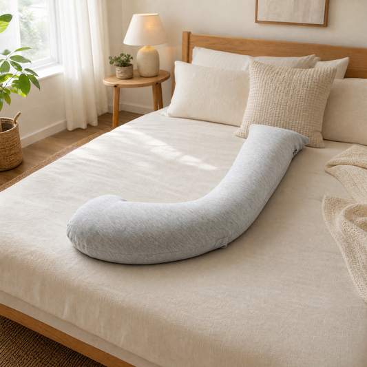 Full body pregnancy pillow on a made bed in a calm bedroom