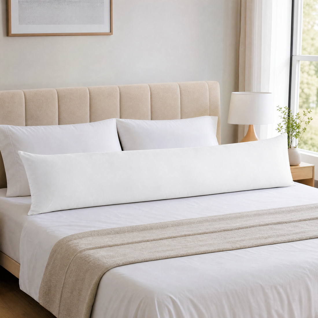Extra long full body pillow on a made bed in a calm bedroom