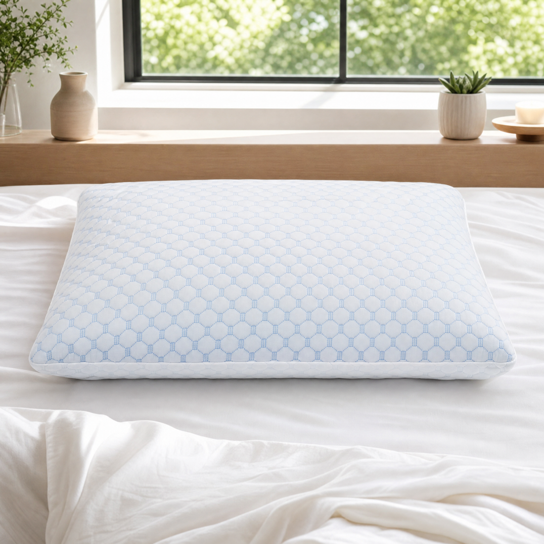 Ventilated cooling memory foam pillow on a made bed in a bright bedroom