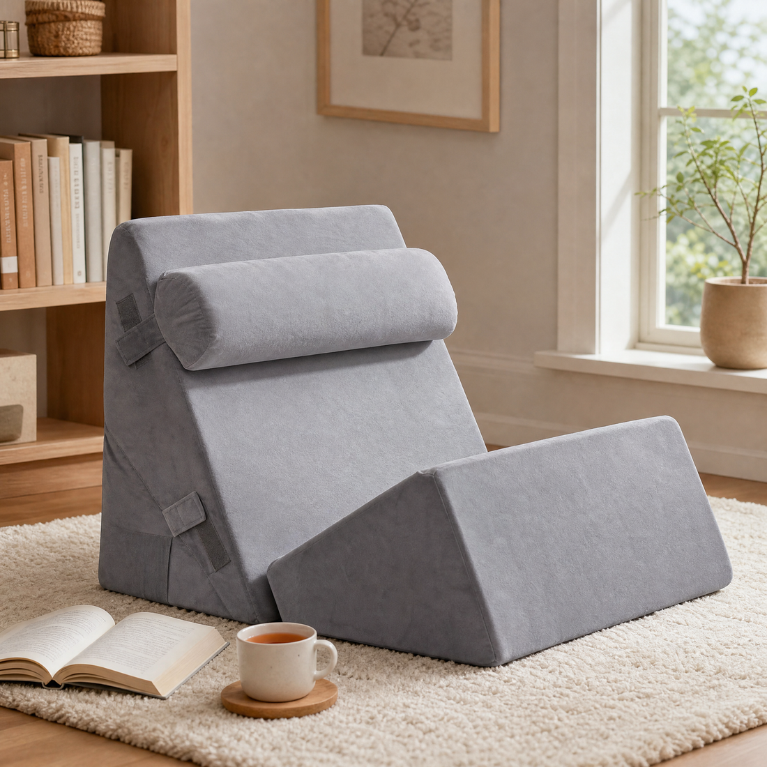 Grey 3-piece foam bed wedge pillow set in a cozy reading nook