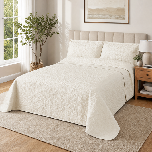 Beige king quilt set with 2 shams on a made bed in a bright bedroom
