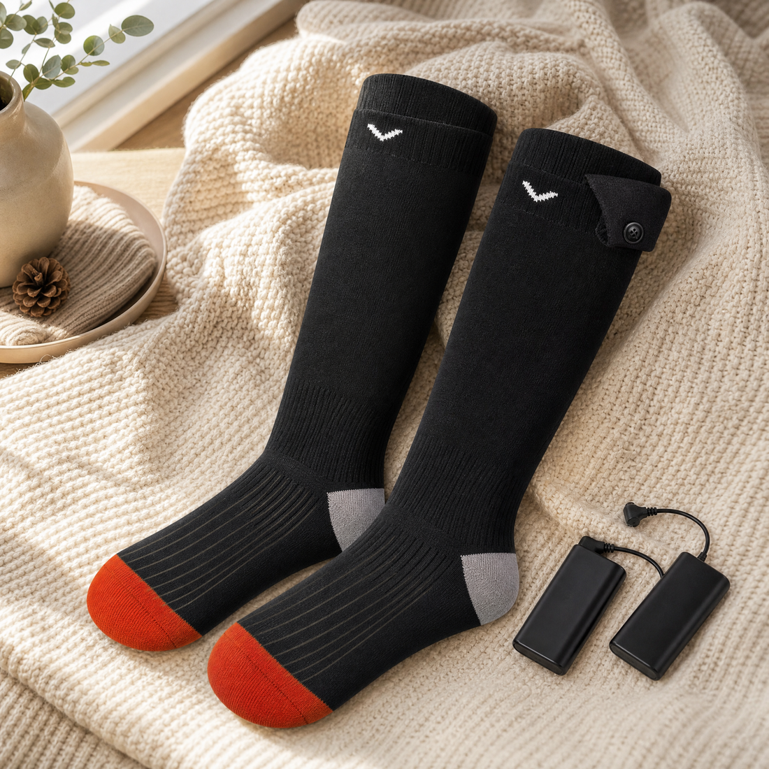 Rechargeable battery heated socks laid out on a knit blanket