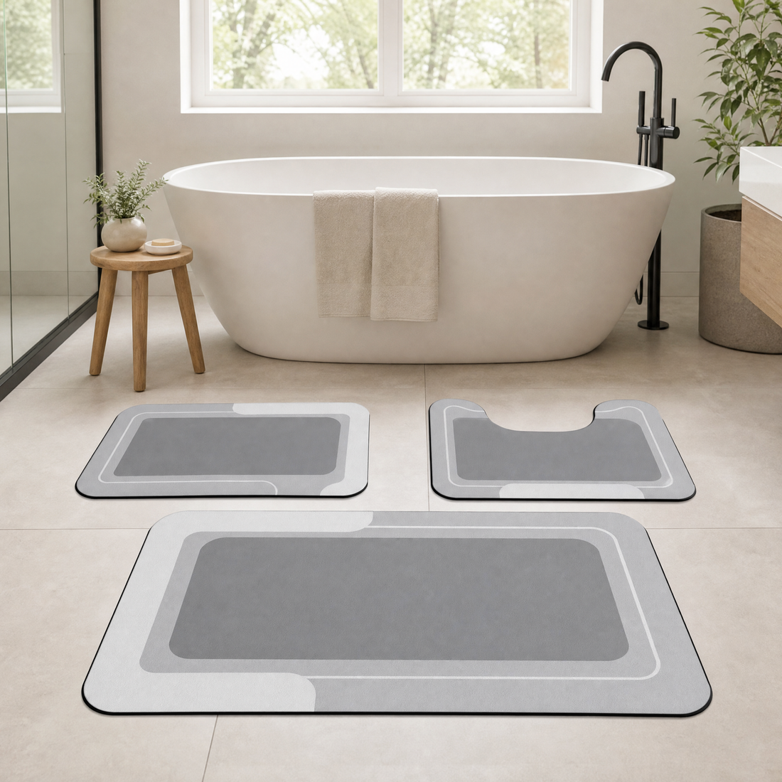 3-piece absorbent bath mat set in a bright bathroom