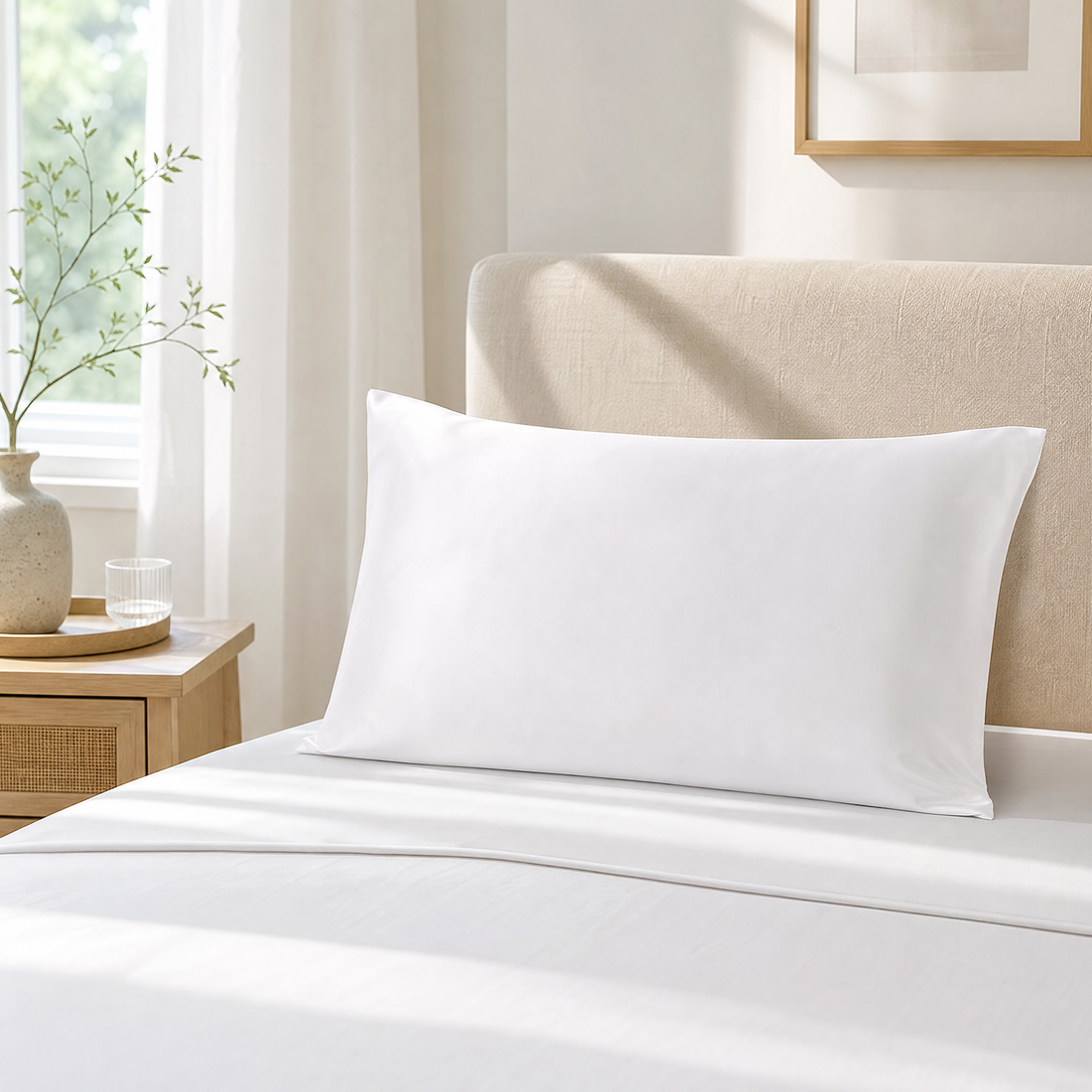 White mulberry silk pillowcase on a made bed in a bright bedroom