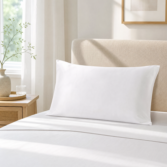 White mulberry silk pillowcase on a made bed in a bright bedroom